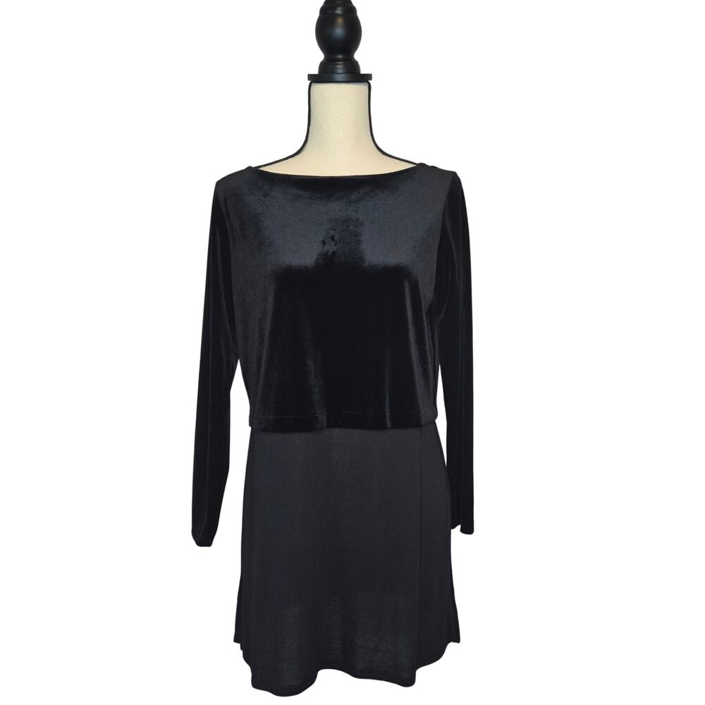 J Jill Wearever top black velvet knit tunic layered long sleeve side vents sz SP